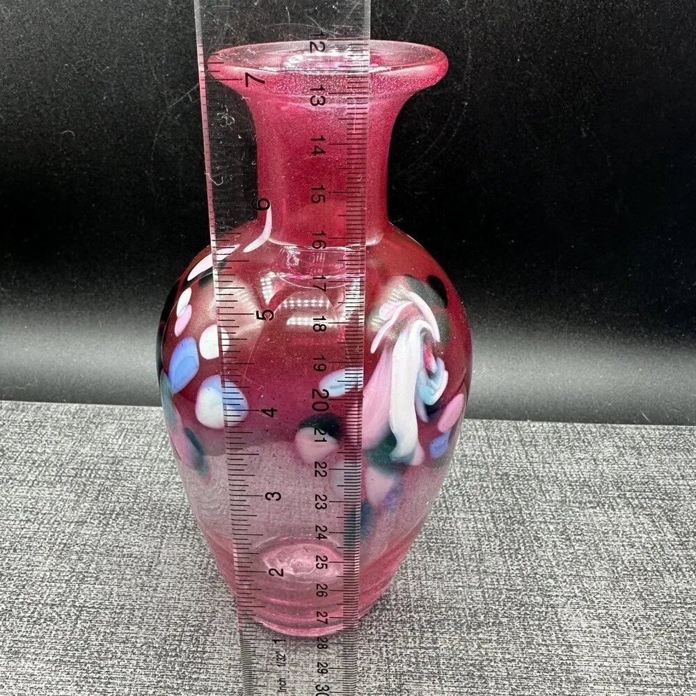 Hand Blown Pink Art Glass Vase Confetti Murano Style 7.5”